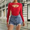 imageSUUKSESS Women Cutout Seamless Ribbed Bodysuit Long Sleeve Tank Top With Bra1 Red