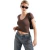 imageSUUKSESS Women Double Lined Fitted Basic Tee Sexy V Neck Short Sleeve Y2K Crop TopMocha