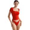 imageSUUKSESS Women Double Lined Fitted Basic Tee Square Neck Short Sleeve Y2K Crop TopDream Red