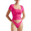 imageSUUKSESS Women Double Lined Fitted Basic Tee Square Neck Short Sleeve Y2K Crop TopHot Pink