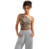 imageSUUKSESS Women Double Lined Going Out Trendy Crop Tops Ruched Sleeveless ShirtsLeopard