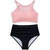 imageSUUKSESS Women High Waisted Bikini Sets Sexy Mesh High Neck Swimsuit 2 PiecePink Black Color Block