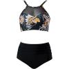 imageSUUKSESS Women High Waisted Bikini Sets Sexy Mesh High Neck Swimsuit 2 PieceRetro Floral Black