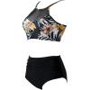 imageSUUKSESS Women High Waisted Bikini Sets Sexy Mesh High Neck Swimsuit 2 PieceRetro Floral Black
