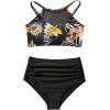 imageSUUKSESS Women High Waisted Bikini Sets Sexy Mesh High Neck Swimsuit 2 PieceRetro Floral Black
