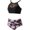 imageSUUKSESS Women High Waisted Bikini Sets Sexy Mesh High Neck Swimsuit 2 PieceVintage Black Floral