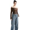 imageSUUKSESS Women Long Sleeve Off Shoulder Tops Trendy Cowl Neck Going Out Shirt for FallBrown
