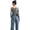 imageSUUKSESS Women Long Sleeve Off Shoulder Tops Trendy Cowl Neck Going Out Shirt for FallGrey
