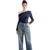 imageSUUKSESS Women Long Sleeve Off Shoulder Tops Trendy Cowl Neck Going Out Shirt for FallNavy Blue