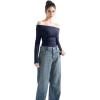 imageSUUKSESS Women Long Sleeve Off Shoulder Tops Trendy Cowl Neck Going Out Shirt for FallNavy Blue