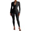 imageSUUKSESS Women Long Sleeve Ribbed Jumpsuit Zip up Front Workout Bodycon Romper01 Black