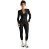 imageSUUKSESS Women Long Sleeve Ribbed Jumpsuit Zip up Front Workout Bodycon Romper01 Black