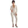 imageSUUKSESS Women Long Sleeve Ribbed Jumpsuit Zip up Front Workout Bodycon Romper02 Beige