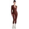 imageSUUKSESS Women Long Sleeve Ribbed Jumpsuit Zip up Front Workout Bodycon RomperBrown