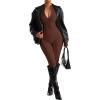 imageSUUKSESS Women Long Sleeve Ribbed Jumpsuit Zip up Front Workout Bodycon RomperBrown