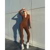 imageSUUKSESS Women Long Sleeve Ribbed Jumpsuit Zip up Front Workout Bodycon RomperBrown