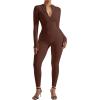 imageSUUKSESS Women Long Sleeve Ribbed Jumpsuit Zip up Front Workout Bodycon RomperBrown