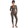 imageSUUKSESS Women Long Sleeve Ribbed Jumpsuit Zip up Front Workout Bodycon RomperCoffee