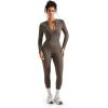 imageSUUKSESS Women Long Sleeve Ribbed Jumpsuit Zip up Front Workout Bodycon RomperCoffee