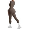 imageSUUKSESS Women Long Sleeve Ribbed Jumpsuit Zip up Front Workout Bodycon RomperCoffee