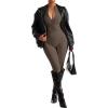 imageSUUKSESS Women Long Sleeve Ribbed Jumpsuit Zip up Front Workout Bodycon RomperCoffee