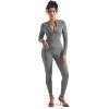 imageSUUKSESS Women Long Sleeve Ribbed Jumpsuit Zip up Front Workout Bodycon RomperGrey