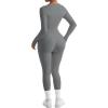 imageSUUKSESS Women Long Sleeve Ribbed Jumpsuit Zip up Front Workout Bodycon RomperGrey