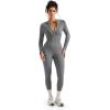 imageSUUKSESS Women Long Sleeve Ribbed Jumpsuit Zip up Front Workout Bodycon RomperGrey