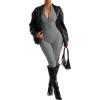 imageSUUKSESS Women Long Sleeve Ribbed Jumpsuit Zip up Front Workout Bodycon RomperGrey