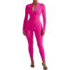 imageSUUKSESS Women Long Sleeve Ribbed Jumpsuit Zip up Front Workout Bodycon RomperHot Pink