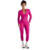 imageSUUKSESS Women Long Sleeve Ribbed Jumpsuit Zip up Front Workout Bodycon RomperHot Pink