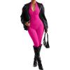 imageSUUKSESS Women Long Sleeve Ribbed Jumpsuit Zip up Front Workout Bodycon RomperHot Pink