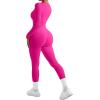 imageSUUKSESS Women Long Sleeve Ribbed Jumpsuit Zip up Front Workout Bodycon RomperHot Pink