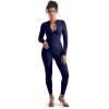 imageSUUKSESS Women Long Sleeve Ribbed Jumpsuit Zip up Front Workout Bodycon RomperNavy