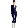 imageSUUKSESS Women Long Sleeve Ribbed Jumpsuit Zip up Front Workout Bodycon RomperNavy