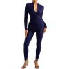 imageSUUKSESS Women Long Sleeve Ribbed Jumpsuit Zip up Front Workout Bodycon RomperNavy