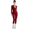imageSUUKSESS Women Long Sleeve Ribbed Jumpsuit Zip up Front Workout Bodycon RomperWine Red
