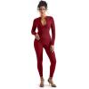 imageSUUKSESS Women Long Sleeve Ribbed Jumpsuit Zip up Front Workout Bodycon RomperWine Red