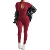 imageSUUKSESS Women Long Sleeve Ribbed Jumpsuit Zip up Front Workout Bodycon RomperWine Red