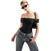 imageSUUKSESS Women Off the Shoulder Bodysuit Double Lined Going Out Short Sleeve Strapless Thong Body suit02 Black