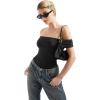 imageSUUKSESS Women Off the Shoulder Bodysuit Double Lined Going Out Short Sleeve Strapless Thong Body suit02 Black