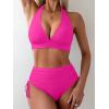 imageSUUKSESS Women Ribbed High Waist Bikini Sexy Drawstring Tummy Control SwimsuitsHot Pink