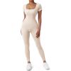 imageSUUKSESS Women Ribbed One Piece Jumpsuits Yoga Short Sleeve Workout JumpsuitsShort Beige