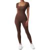 imageSUUKSESS Women Ribbed One Piece Jumpsuits Yoga Short Sleeve Workout JumpsuitsShort Brown