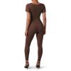 imageSUUKSESS Women Ribbed One Piece Jumpsuits Yoga Short Sleeve Workout JumpsuitsShort Brown