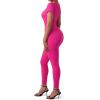 imageSUUKSESS Women Ribbed One Piece Jumpsuits Yoga Short Sleeve Workout JumpsuitsShort Hot Pink