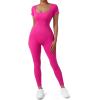 imageSUUKSESS Women Ribbed One Piece Jumpsuits Yoga Short Sleeve Workout JumpsuitsShort Hot Pink