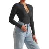 imageSUUKSESS Women Ribbed Seamless Bodysuit Sexy Zip up Front Long Sleeve Bodysuits Top02 Black