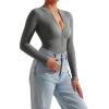 imageSUUKSESS Women Ribbed Seamless Bodysuit Sexy Zip up Front Long Sleeve Bodysuits Top02 Grey