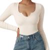 imageSUUKSESS Women Ribbed Seamless Long Sleeve Bodysuit Square Scoop Notch Neck BodysuitNotch Beige